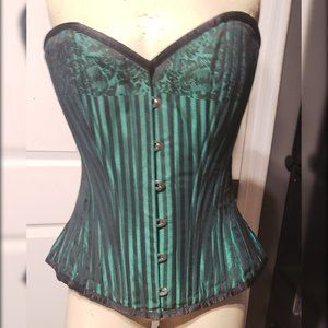 Green & Black Striped Steel Boned Overbust Corset, Size 22, small